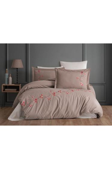 Sakura Nakışlı %100 Pamuk Çift Kişilik Nevresim Takımı Vizon - Çeyiz Diyarı (1)
