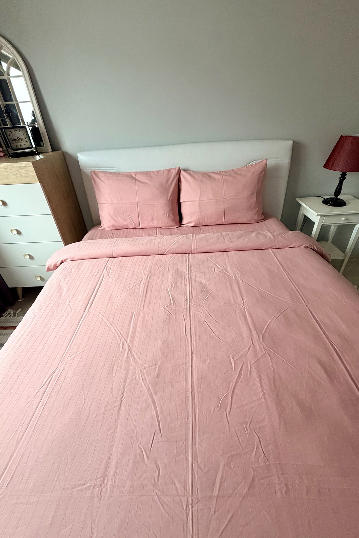 Satin Zarif Armürlü Çift Kişilik Nevresim Takımı Pudra - 1