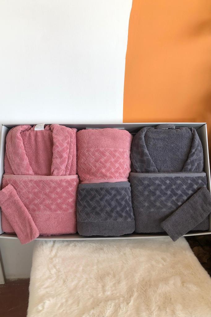 Şazeli 8 Parça Aile Bornoz Takımı Gül Kurusu Antrasit - 1