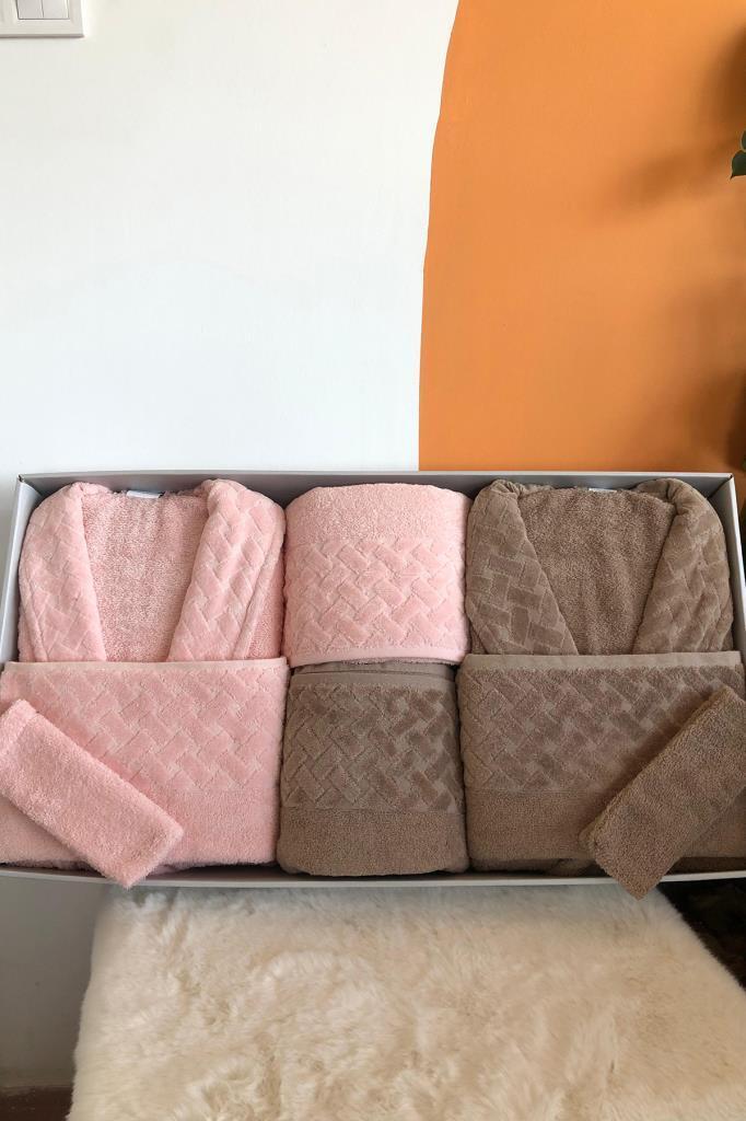 Şazeli 8 Parça Aile Bornoz Takımı Kahve Pudra - 1