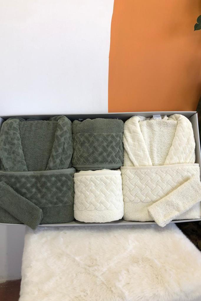 Şazeli 8 Parça Aile Bornoz Takımı Krem Haki - 1