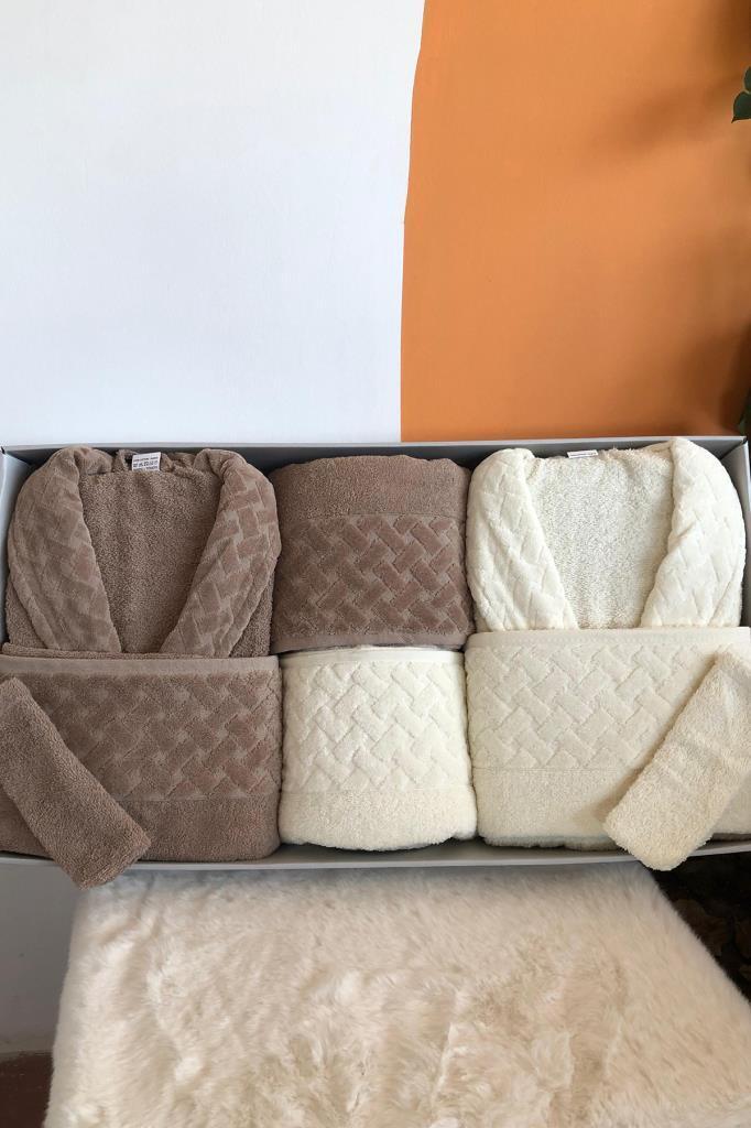 Şazeli 8 Parça Aile Bornoz Takımı Krem Kahve - 1