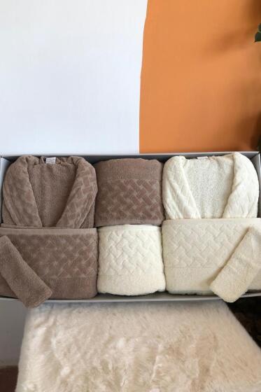 Şazeli 8 Parça Aile Bornoz Takımı Krem Kahve - Çeyiz Diyarı