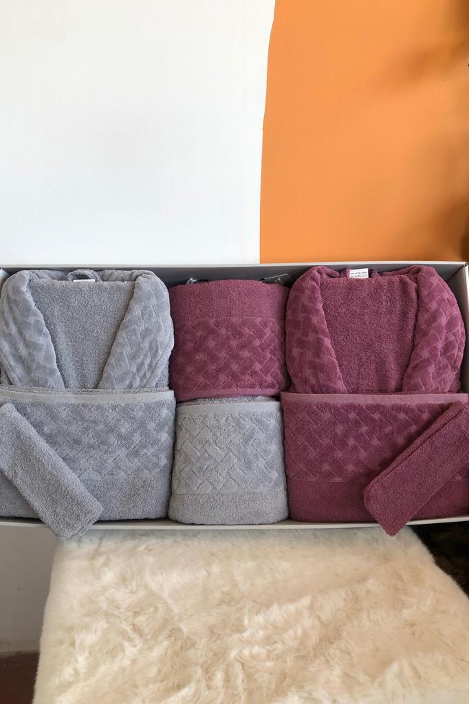 Şazeli 8 Parça Aile Bornoz Takımı Mürdüm Gri - 1