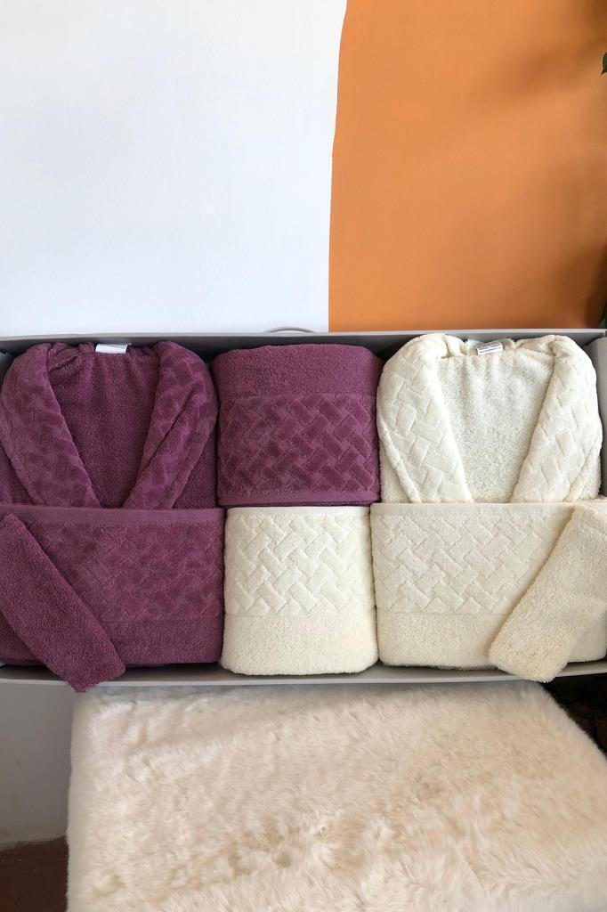 Şazeli 8 Parça Aile Bornoz Takımı Mürdüm Krem - 1