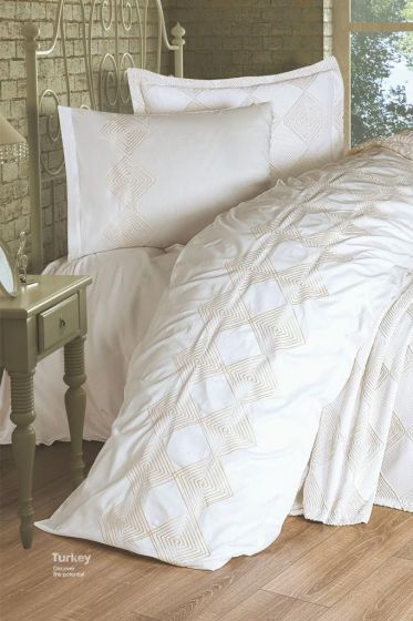 Seher 4 Parça Nakışlı Pike Takımı 240x260 Krem - Çeyiz Diyarı