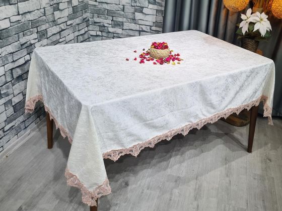 Selma Dantelli Kadife Tek Masa Örtüsü Krem Pudra - Çeyiz Diyarı