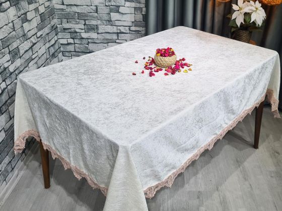 Selma Dantelli Kadife Tek Masa Örtüsü Krem Pudra - Çeyiz Diyarı (1)