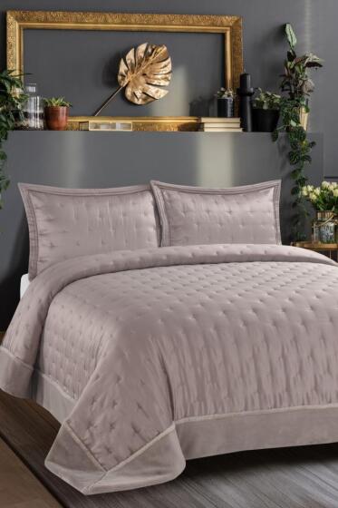 Sepora İpek Saten Çift Kişilik Yatak Örtüsü Bej - Çeyiz Diyarı