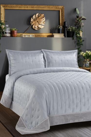 Sepora İpek Saten Çift Kişilik Yatak Örtüsü Gri - Çeyiz Diyarı