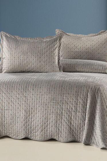 Serelina Lüks Nakışlı Kadife Çift Kişilik Yatak Örtüsü Gri - Çeyiz Diyarı