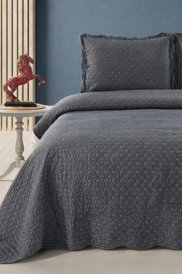 Serelina Lüks Nakışlı Kadife Çift Kişilik Yatak Örtüsü Koyu Gri - Çeyiz Diyarı