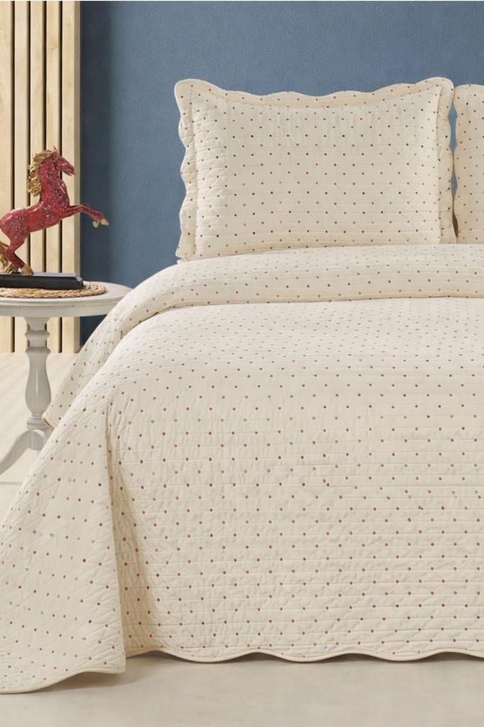 Serelina Lüks Nakışlı Kadife Çift Kişilik Yatak Örtüsü Krem - 1