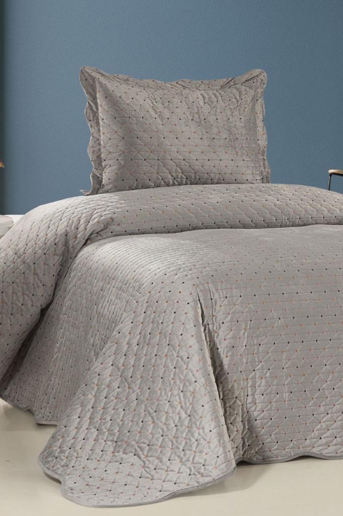 Serelina Lüks Nakışlı Kadife Tek Kişilik Yatak Örtüsü Gri - 1