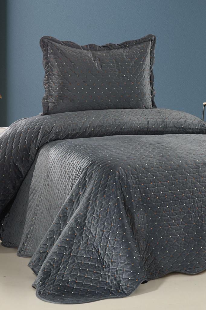 Serelina Lüks Nakışlı Kadife Tek Kişilik Yatak Örtüsü Koyu Gri - 1