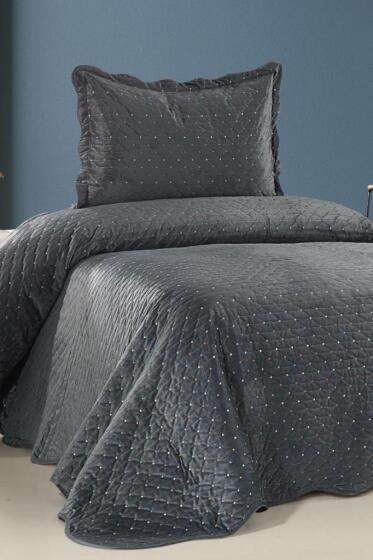 Serelina Lüks Nakışlı Kadife Tek Kişilik Yatak Örtüsü Koyu Gri - Çeyiz Diyarı