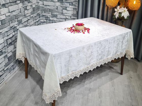 Seren Dantelli Kadife Tek Masa Örtüsü Krem Cappucino - Çeyiz Diyarı