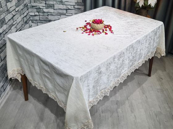 Seren Dantelli Kadife Tek Masa Örtüsü Krem Cappucino - Çeyiz Diyarı (1)