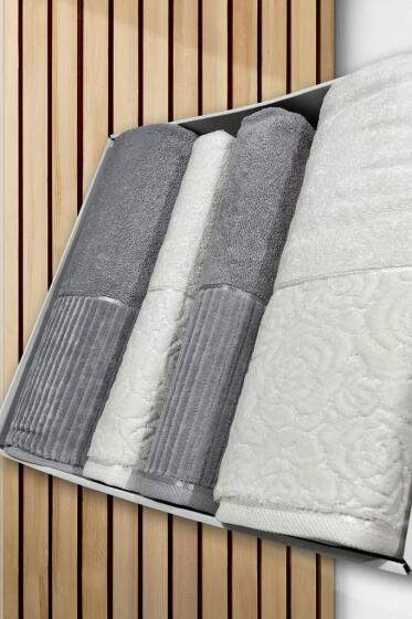 Sevgi Hamam Takımı 4 Parça Krem - Gri - Çeyiz Diyarı