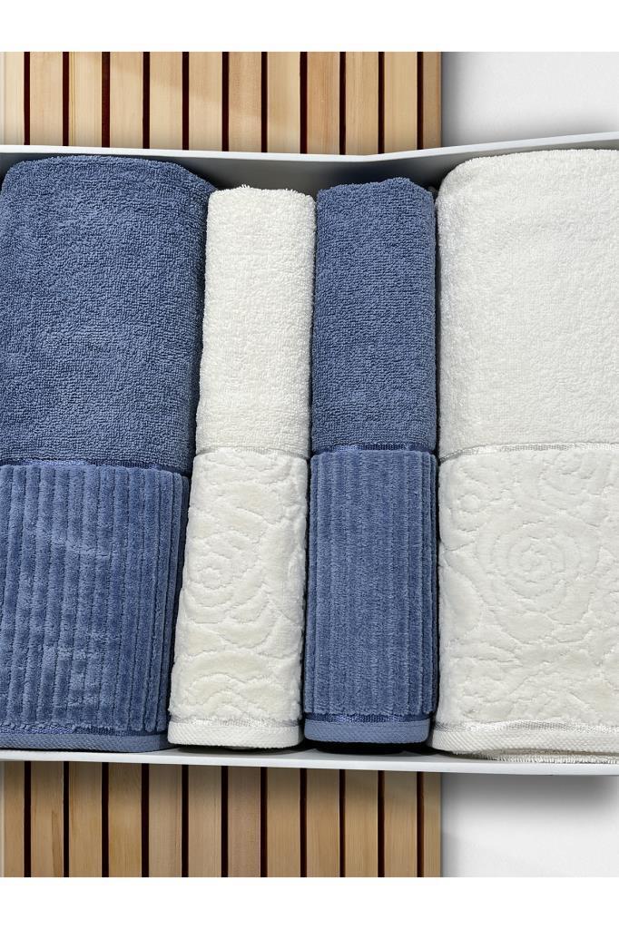 Sevgi Hamam Takımı 4 Parça Krem - Mavi - 1