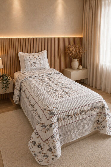 Sevora Baskılı Kapitoneli Tek Kişilik Yatak Örtüsü Bej - Çeyiz Diyarı