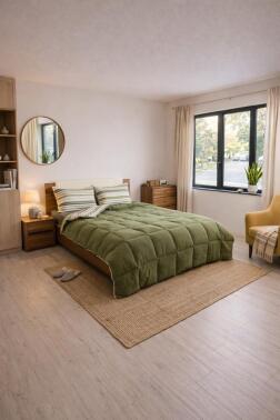 Sherpa Peluş Çift Kişilik Lastikli Çarşaflı Comforter Set Haki - 1