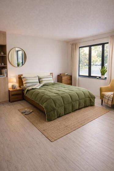 Sherpa Peluş Çift Kişilik Lastikli Çarşaflı Comforter Set Haki - Çeyiz Diyarı