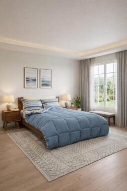 Sherpa Peluş Çift Kişilik Lastikli Çarşaflı Comforter Set Mavi - 1