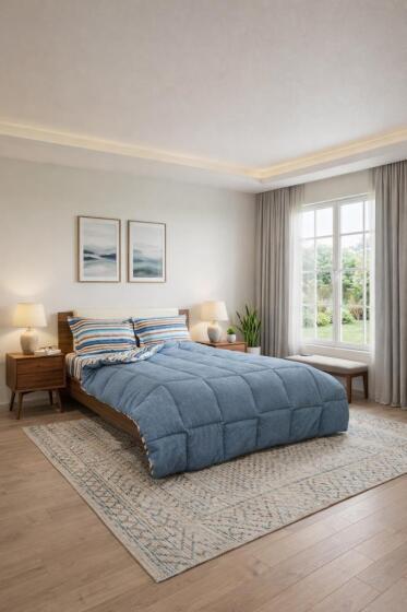 Sherpa Peluş Çift Kişilik Lastikli Çarşaflı Comforter Set Mavi - Çeyiz Diyarı