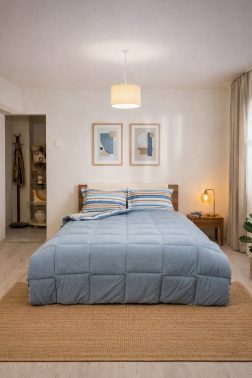 Sherpa Peluş Çift Kişilik Lastikli Çarşaflı Comforter Set Mavi - 1