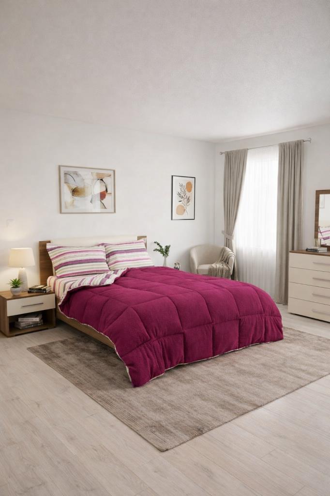Sherpa Peluş Çift Kişilik Lastikli Çarşaflı Comforter Set Mürdüm - 1