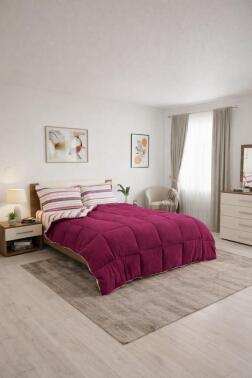 Sherpa Peluş Çift Kişilik Lastikli Çarşaflı Comforter Set Mürdüm - 1