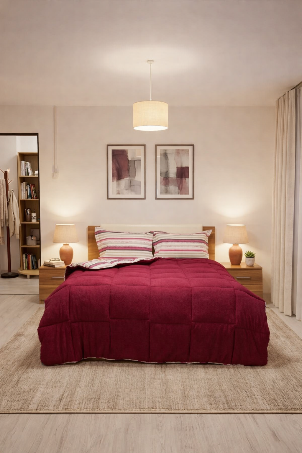 Sherpa Peluş Çift Kişilik Lastikli Çarşaflı Comforter Set Mürdüm - 1