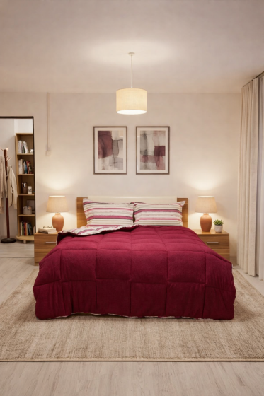 Sherpa Peluş Çift Kişilik Lastikli Çarşaflı Comforter Set Mürdüm - Çeyiz Diyarı