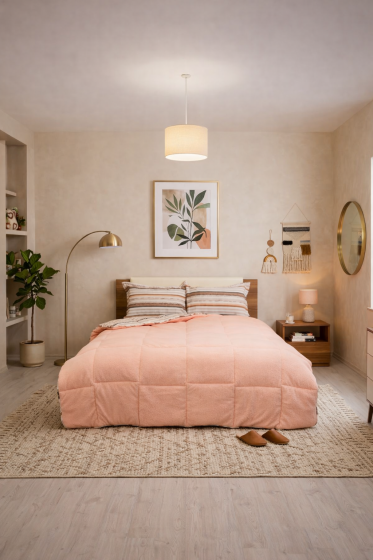 Sherpa Peluş Çift Kişilik Lastikli Çarşaflı Comforter Set Pudra - Çeyiz Diyarı