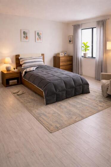 Sherpa Peluş Tek Kişilik Lastikli Çarşaflı Comforter Set Antrasit - Çeyiz Diyarı (1)