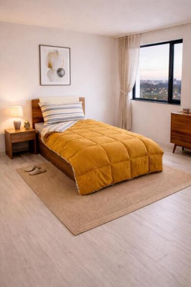 Sherpa Peluş Tek Kişilik Lastikli Çarşaflı Comforter Set Cappucino - Çeyiz Diyarı (1)