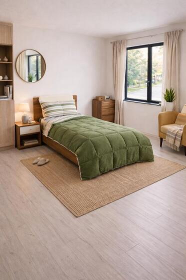 Sherpa Peluş Tek Kişilik Lastikli Çarşaflı Comforter Set Haki - Çeyiz Diyarı (1)