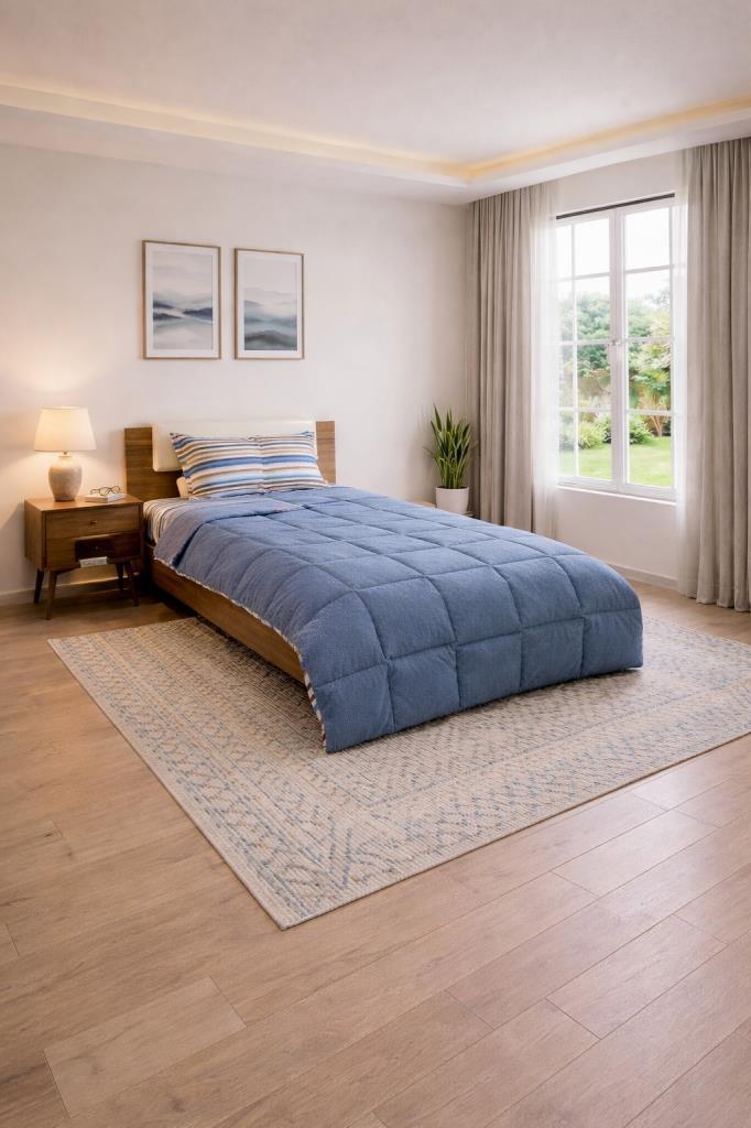 Sherpa Peluş Tek Kişilik Lastikli Çarşaflı Comforter Set Mavi - 1