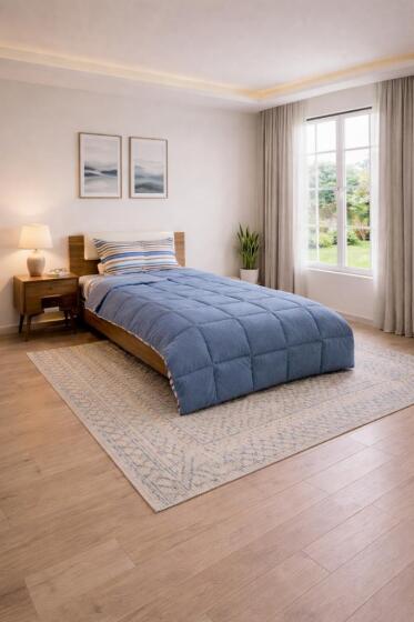 Sherpa Peluş Tek Kişilik Lastikli Çarşaflı Comforter Set Mavi - Çeyiz Diyarı