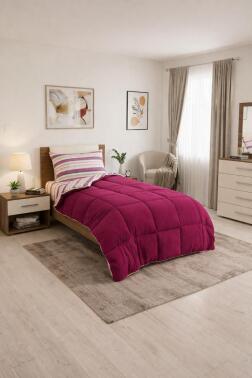 Sherpa Peluş Tek Kişilik Lastikli Çarşaflı Comforter Set Mürdüm - 1