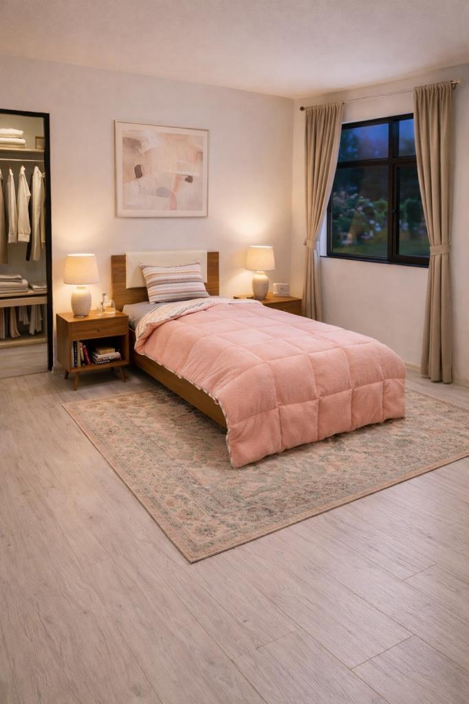 Sherpa Peluş Tek Kişilik Lastikli Çarşaflı Comforter Set Pudra - 1