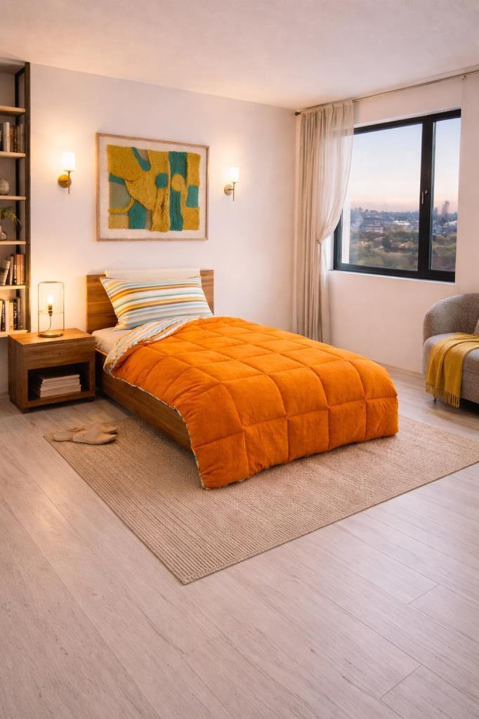 Sherpa Peluş Tek Kişilik Lastikli Çarşaflı Comforter Set Turuncu - 1