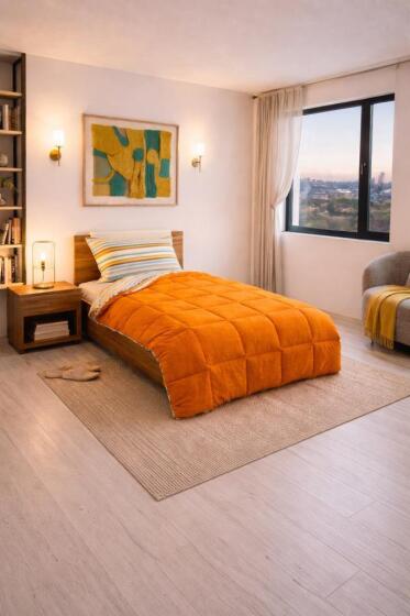 Sherpa Peluş Tek Kişilik Lastikli Çarşaflı Comforter Set Turuncu - Çeyiz Diyarı
