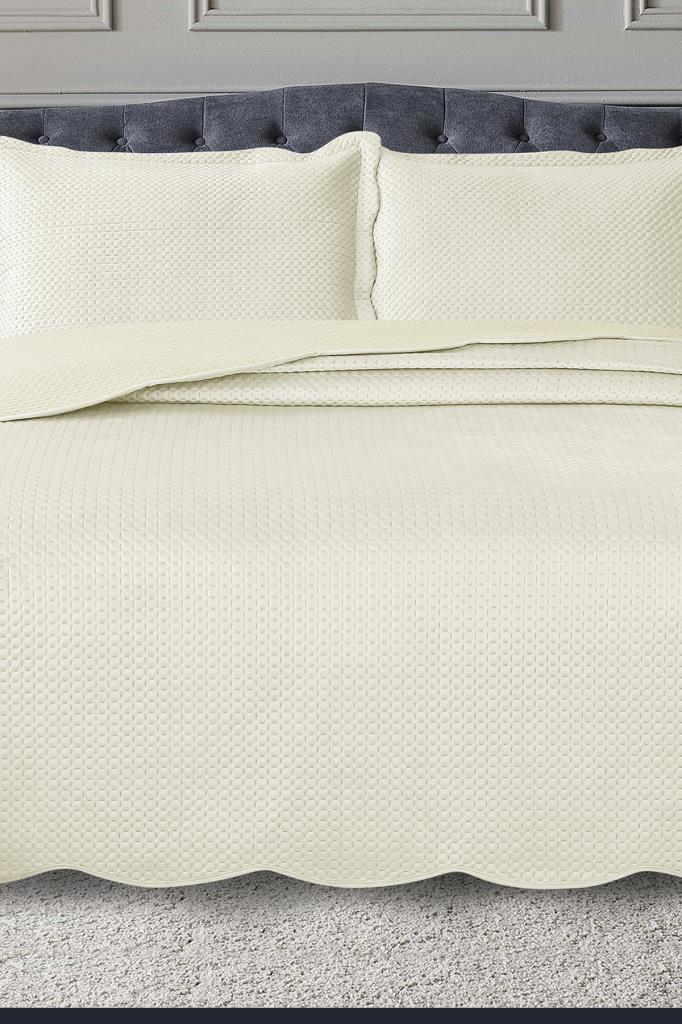 Silvia Çift Kişilik Lüks Kadife Yatak Örtüsü Krem - 1