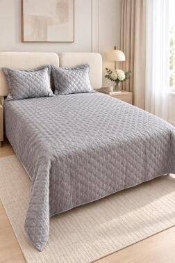 Simay Kadife 250x250 cm Çift Kişilik Yatak Örtüsü Gri - 1