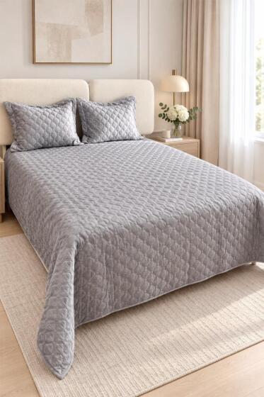 Simay Kadife 250x250 cm Çift Kişilik Yatak Örtüsü Gri - Çeyiz Diyarı