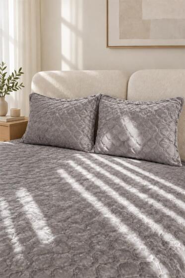 Simay Kadife 250x250 cm Çift Kişilik Yatak Örtüsü Gri - Çeyiz Diyarı (1)