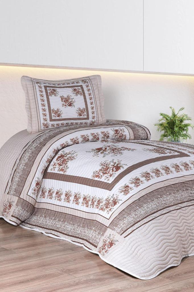 Solindra Baskılı Kapitoneli Tek Kişilik Yatak Örtüsü Kahve - 1