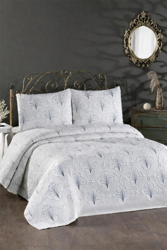 Sonay Nakışlı Şönil 3 Parça Çift Kişilik Yatak Örtüsü Gri - 1